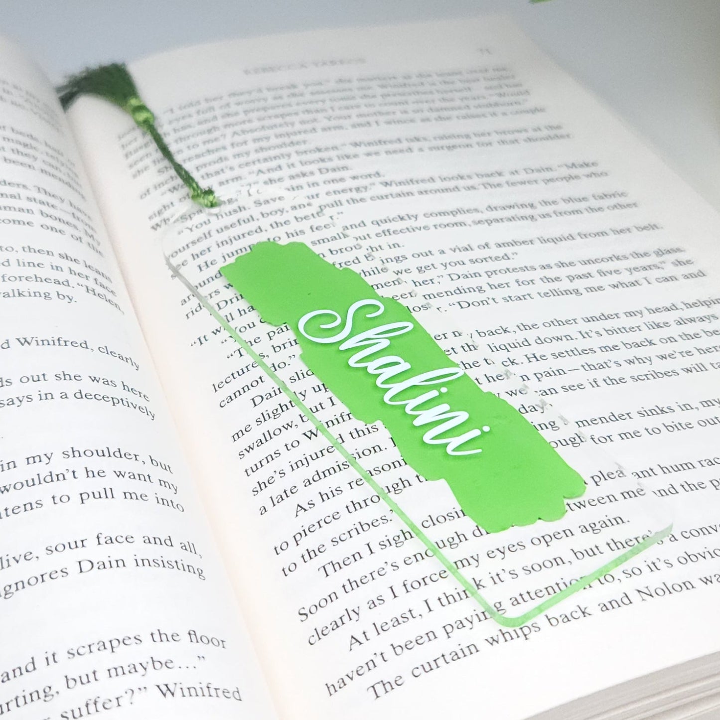 Personalised Acrylic Name Bookmark with Tassel | Custom Book Lover Gift Green