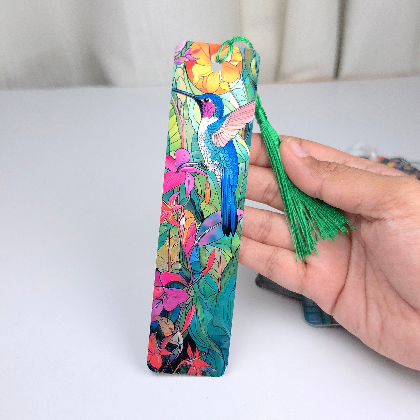 Premium Double-Sided Metal Bookmark | Glossy Book Lover Bookmark - Stained Glass Hummingbird