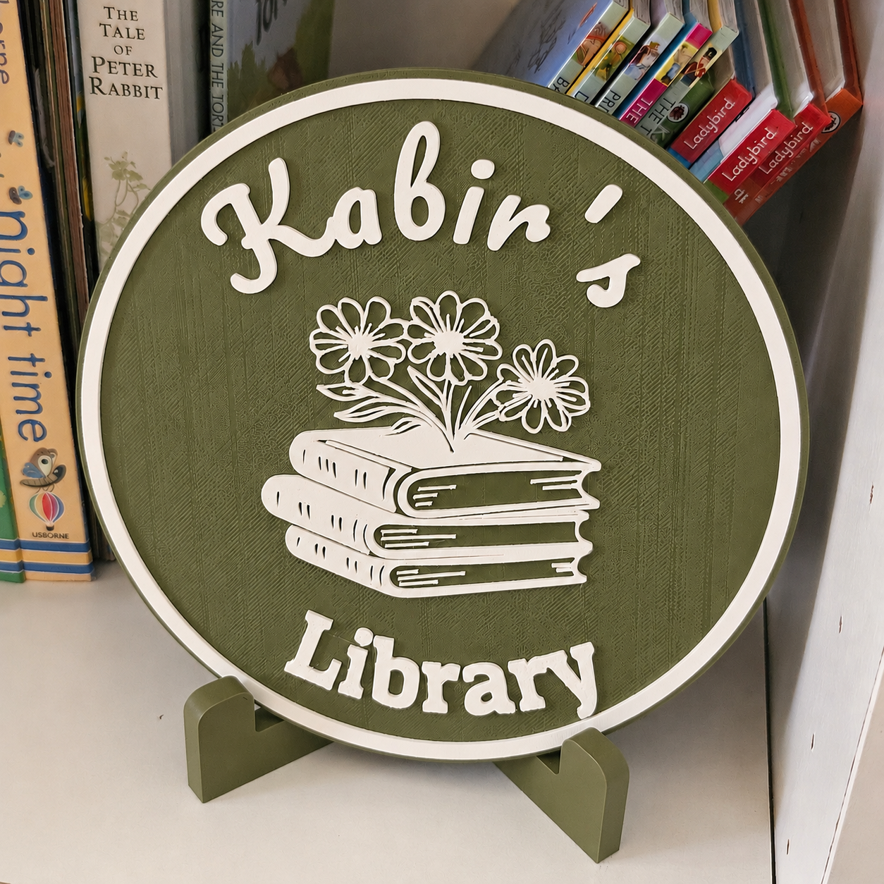 Custom Library Sign β 6β Round - Olive Green