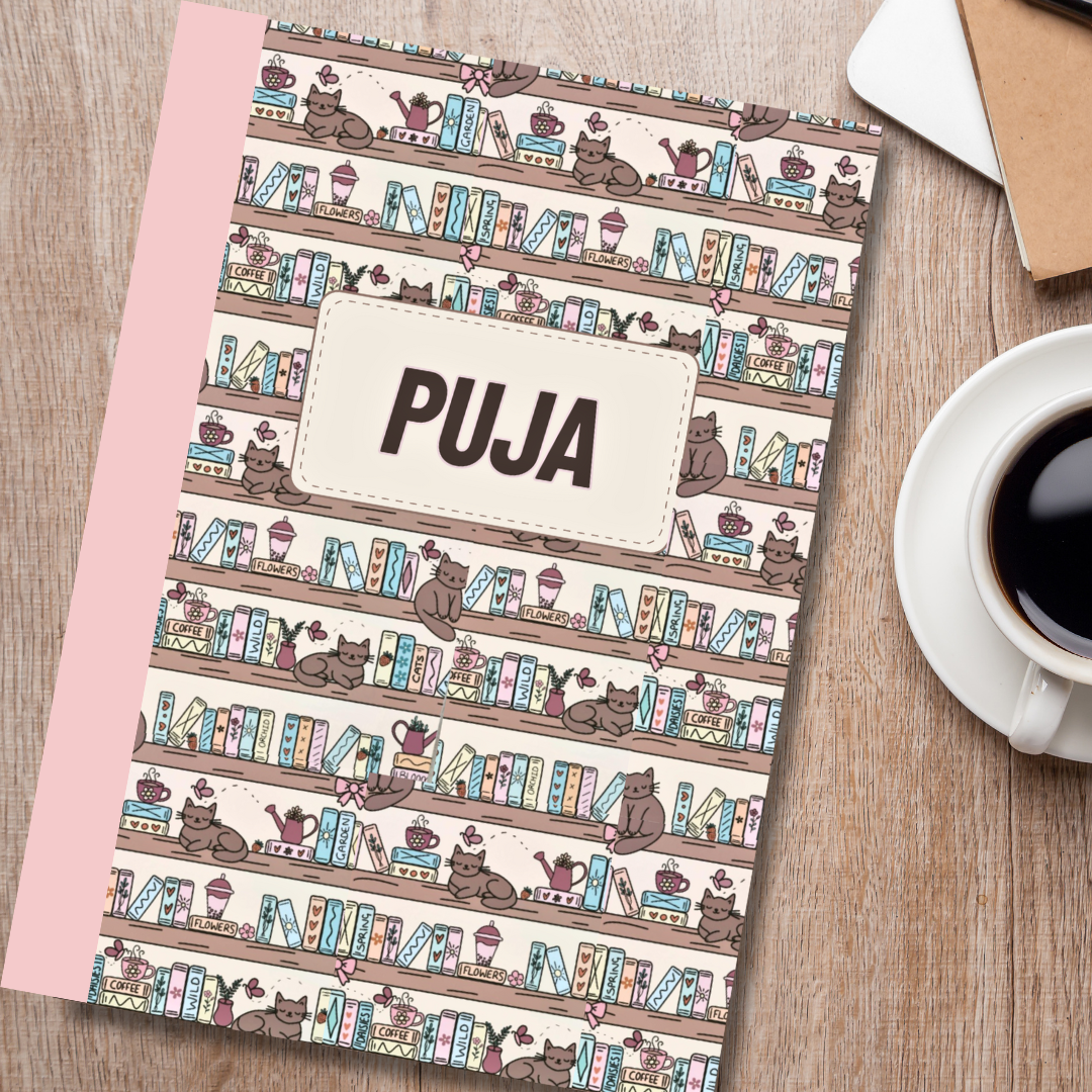 Premium Personalised B5 Notebook / Journal - Cats on Bookshelf
