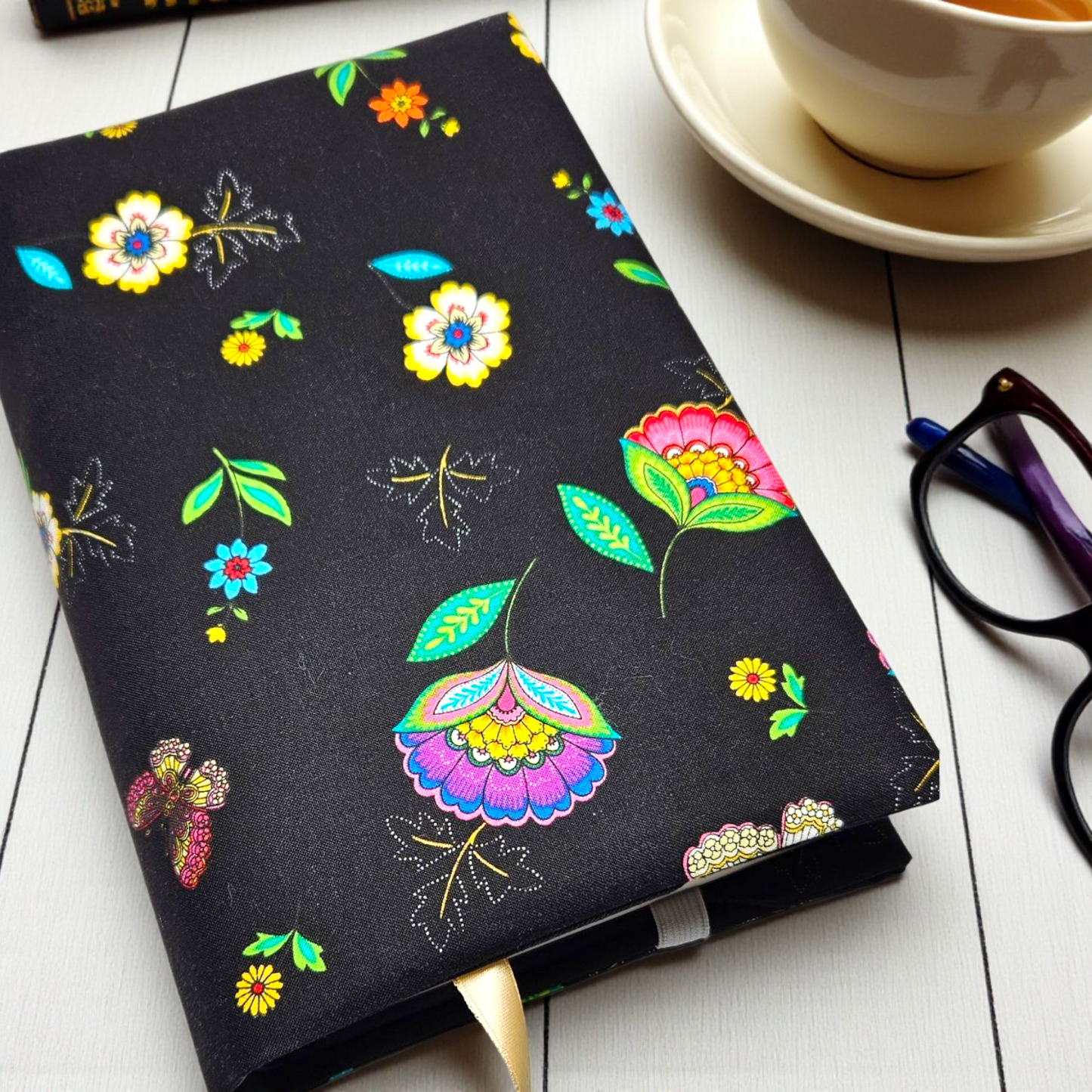 Black Floral Fabric Dust Jacket — Protect Your Books in Style