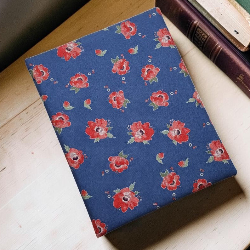 Blue Vintage Poppy Floral Book Fabric Dust Jacket — Protect Your Books in Style