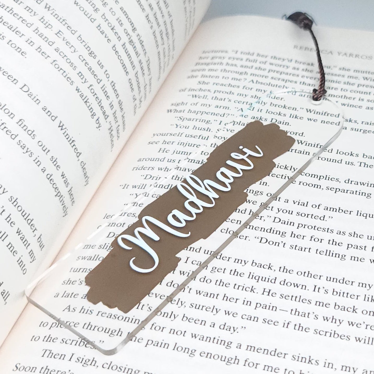 Personalised Acrylic Name Bookmark with Tassel | Custom Book Lover Gift Brown