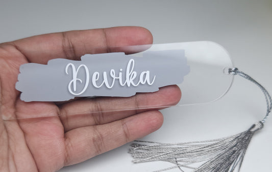 Personalised Acrylic Name Bookmark with Tassel | Custom Book Lover Gift Grey