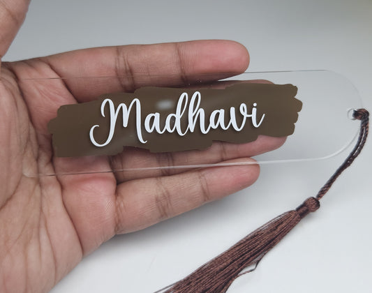 Personalised Acrylic Name Bookmark with Tassel | Custom Book Lover Gift Brown
