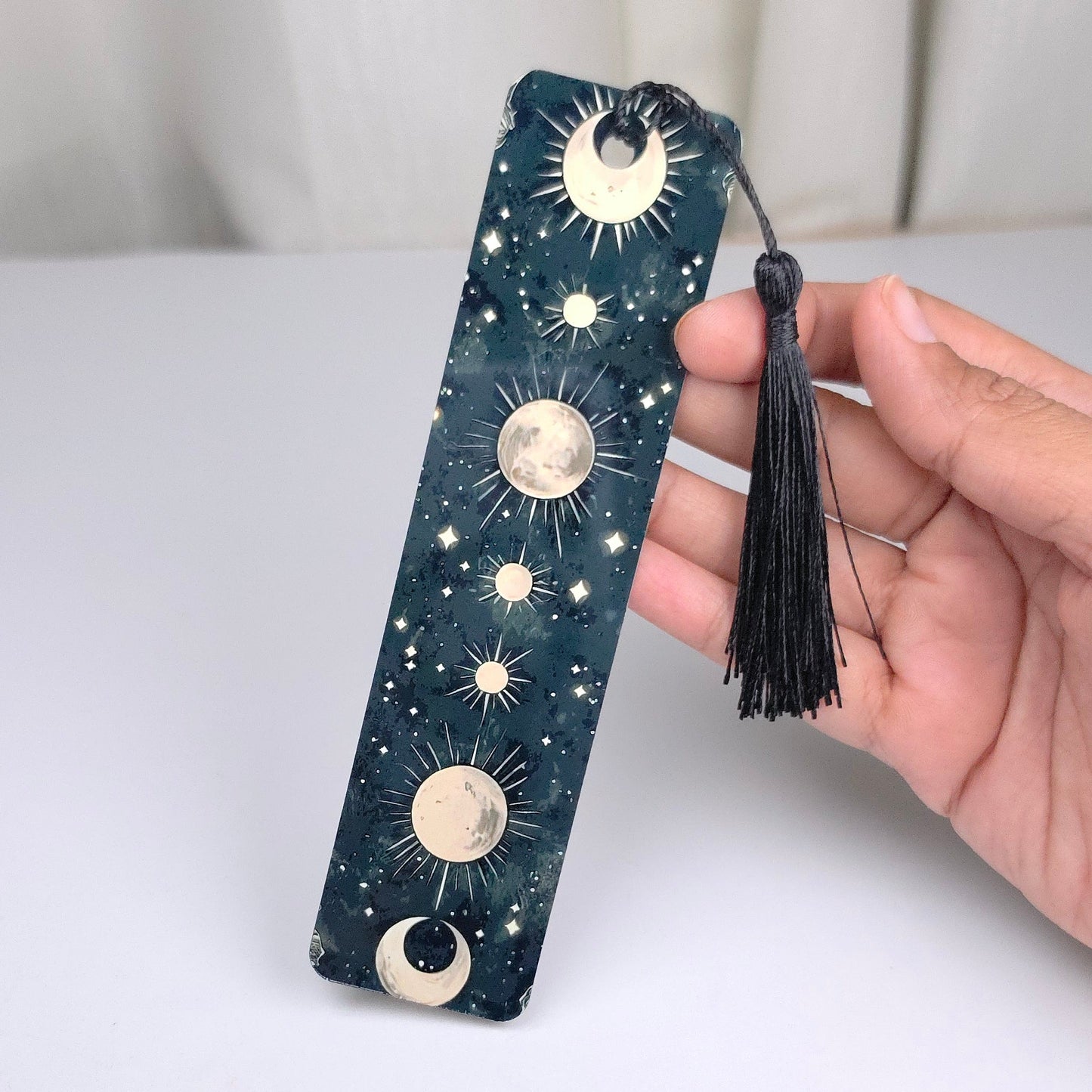 Premium Double-Sided Metal Bookmark | Glossy Book Lover Bookmark - Black Celestial