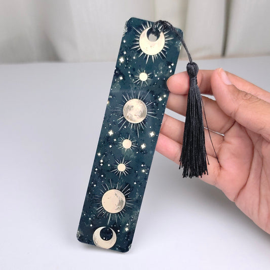 Premium Double-Sided Metal Bookmark | Glossy Book Lover Bookmark - Black Celestial