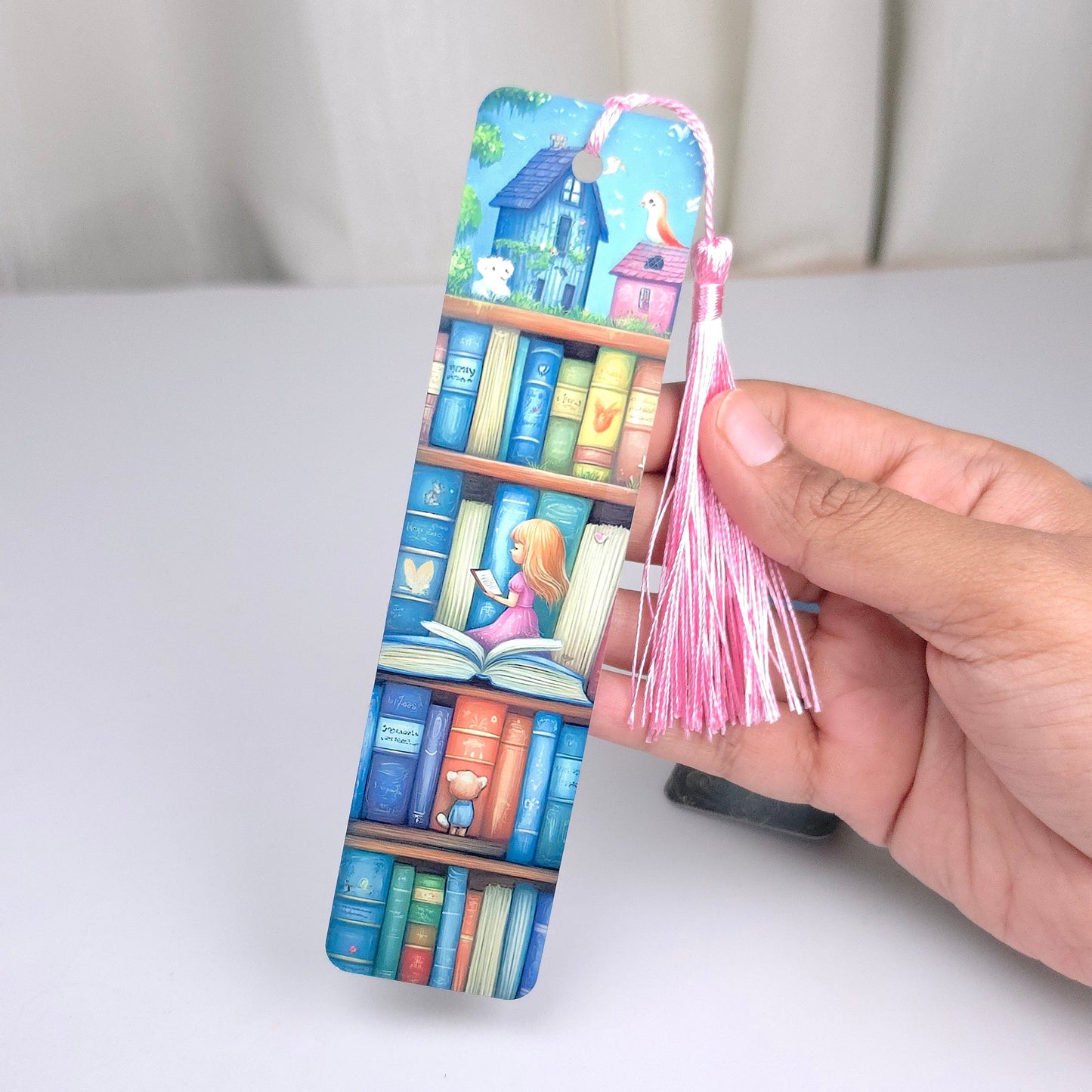 Premium Double-Sided Metal Bookmark | Glossy Book Lover Bookmark - Bookshelf Little Girl