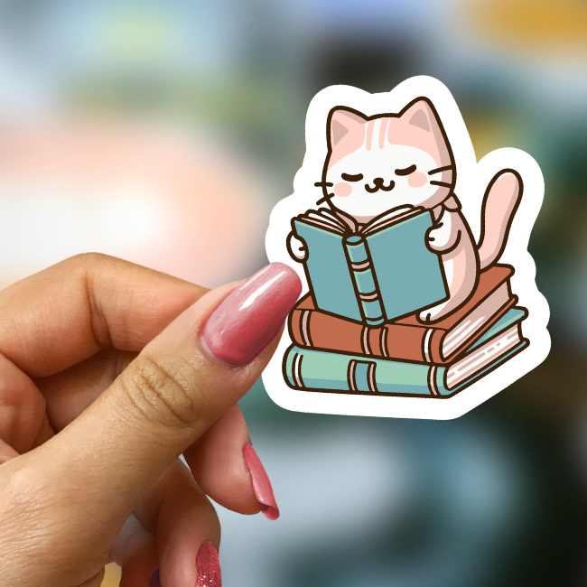 Bookish Vinyl Holographic Sticker - Cute Cat Reading