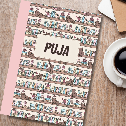 Premium Personalised B5 Notebook / Journal - Cats on Bookshelf