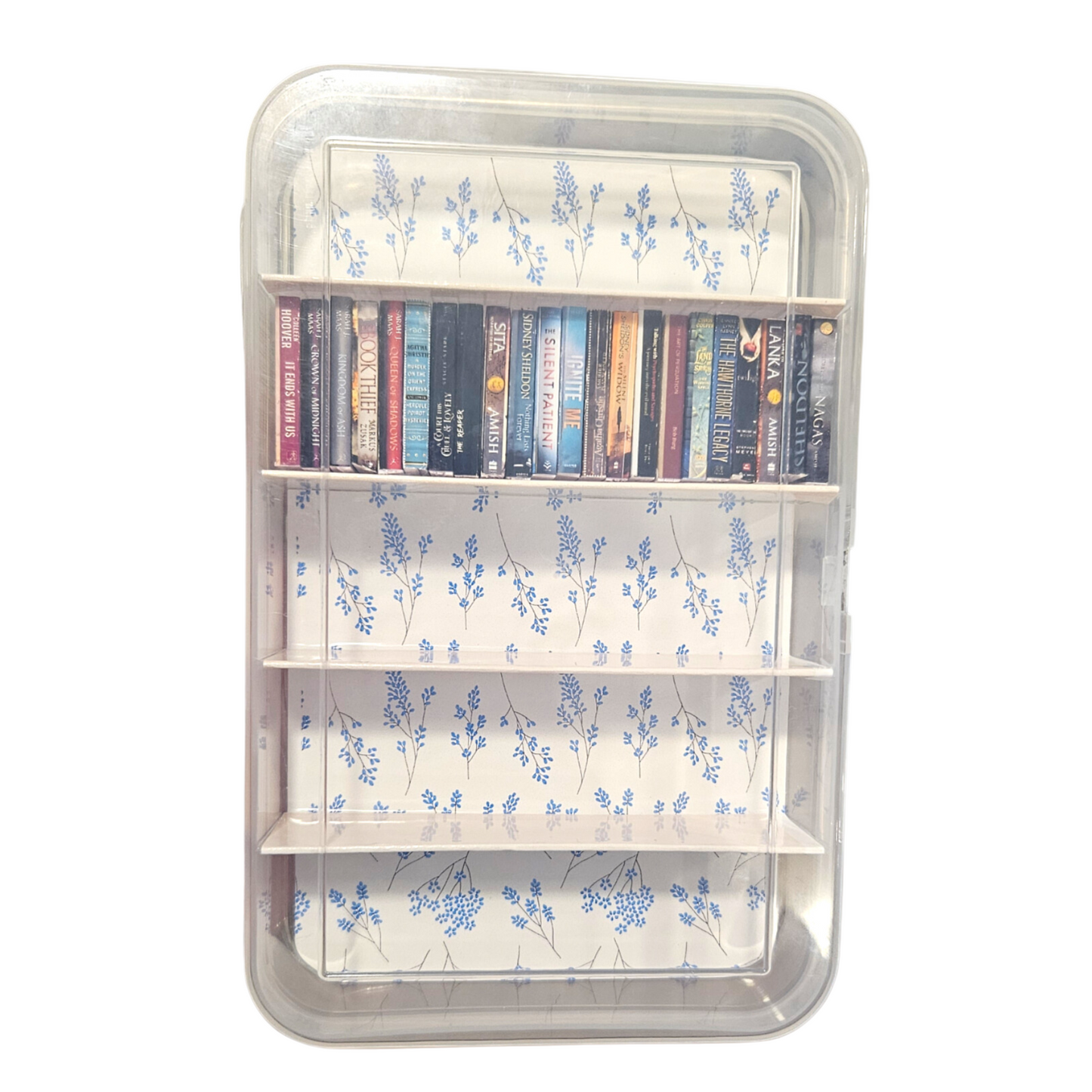 Miniature English Books Replicas - random Titles - 100 books + Miniature Travel Bookshelf