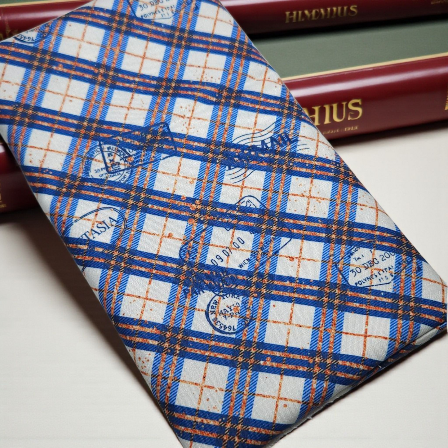 Blue Plaid with 'Stamps' Fabric Dust Jacket — Protect Your Books in Style