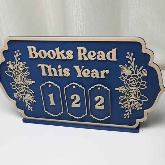 Book Reading Tracker / Counter Sign - Dark Blue & Beige